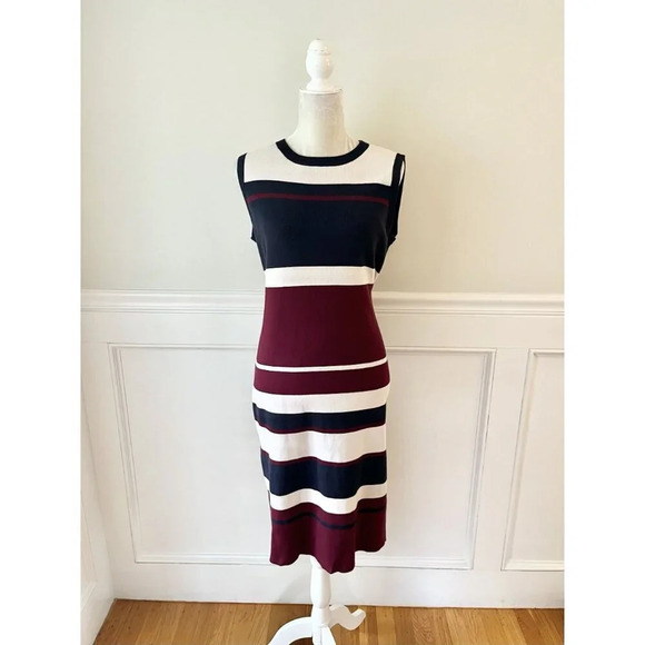 Hobbs London Grace Dress Stretch Knit Striped Blue Burgundy 10 - Picture 7 of 12